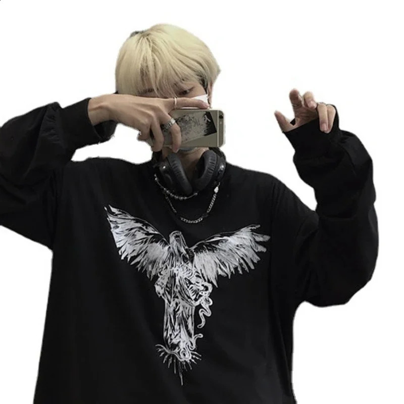 Mens long sleeved T-shirt unisex printed Hip pop street bag retro T-shirt gothic casual mens Y2k street top 250117