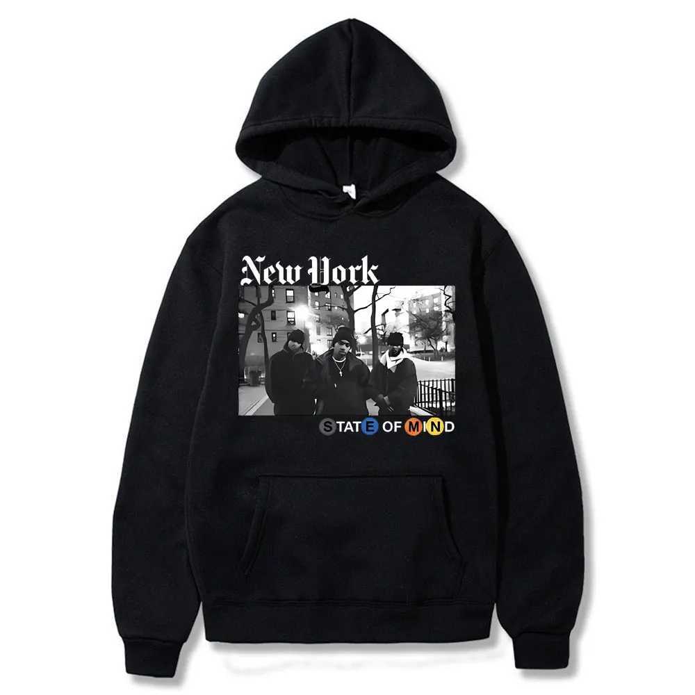 Rapper Nas N.Y. State of Mind Graphic Print Hoodie Men Hip Hop Fashion Vintage Hoodies Clothing Male Casual Oversized Sweatshirt X250125