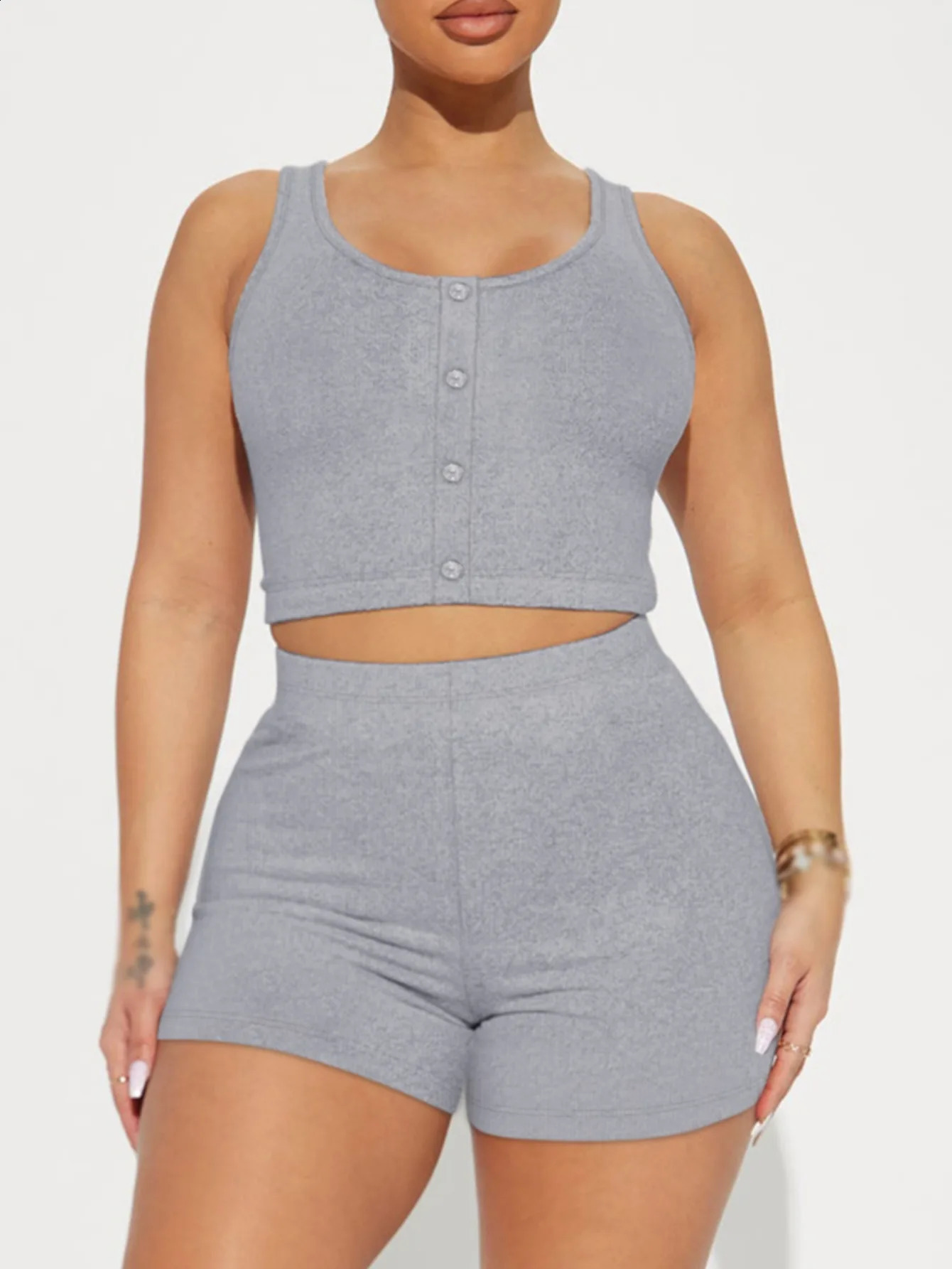 LW Plus Size Sporty Women Two Piece Short Sets Crop Top Button n High Waist Shorts Set Summer Casual Matching Suit 250122