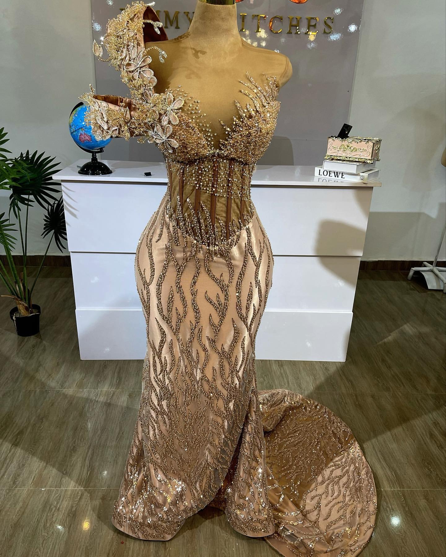 Aso Ebi Champagne Mermaid Prom Dresses 2025 Illusion Florals Crystals Evening Formal Party Second Birthday Engagement Gowns Plus Size Dress For Specia