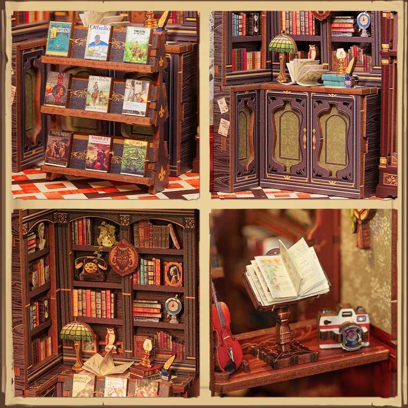 CUTEBEE DIY Book Nook Bookshop Kit Miniature Wooden Dollhouse with Light Bookshelf Insert 3D Puzzle Decor for Gift Owl Bookstore W250117