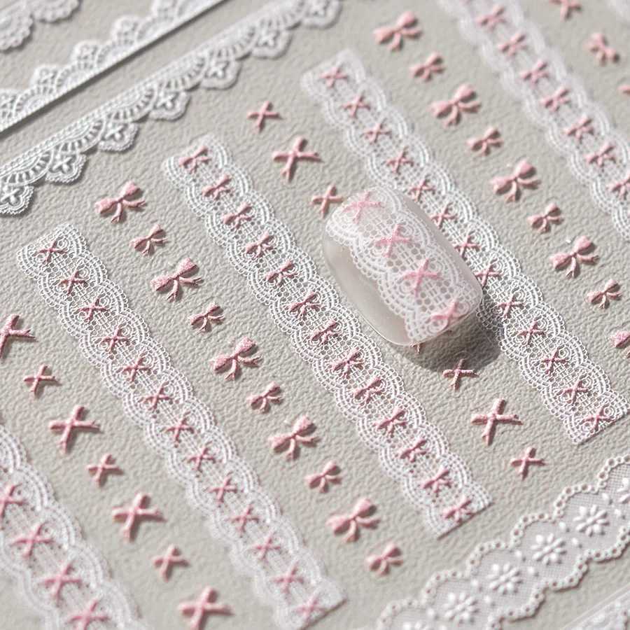 Sweet Pink White Lace Bowknot Love Heart Nail Stickers 5D Nail Art Design Decoration Decals DIY ManicureXJ250120