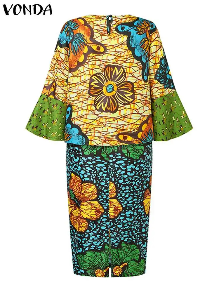 Large 5XL VONDA Autumn Bohemian Womens Dress Set 2024 Long Sleeve Floral Printed Tight Retro Casual Loose 250122