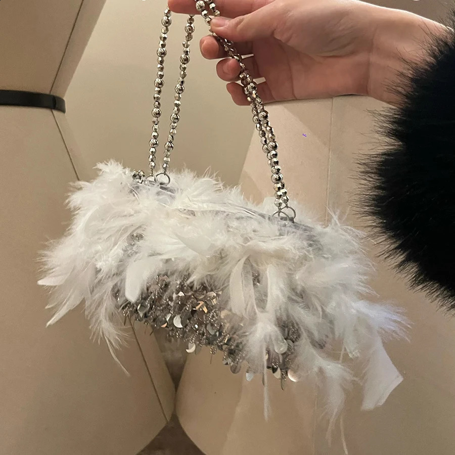 Turkey Feather Sequin Evening Bags Women Beaded Chains Tote Pearls Purses And Handbags Female Elegant Shoulder Bag Dinner Party 250110