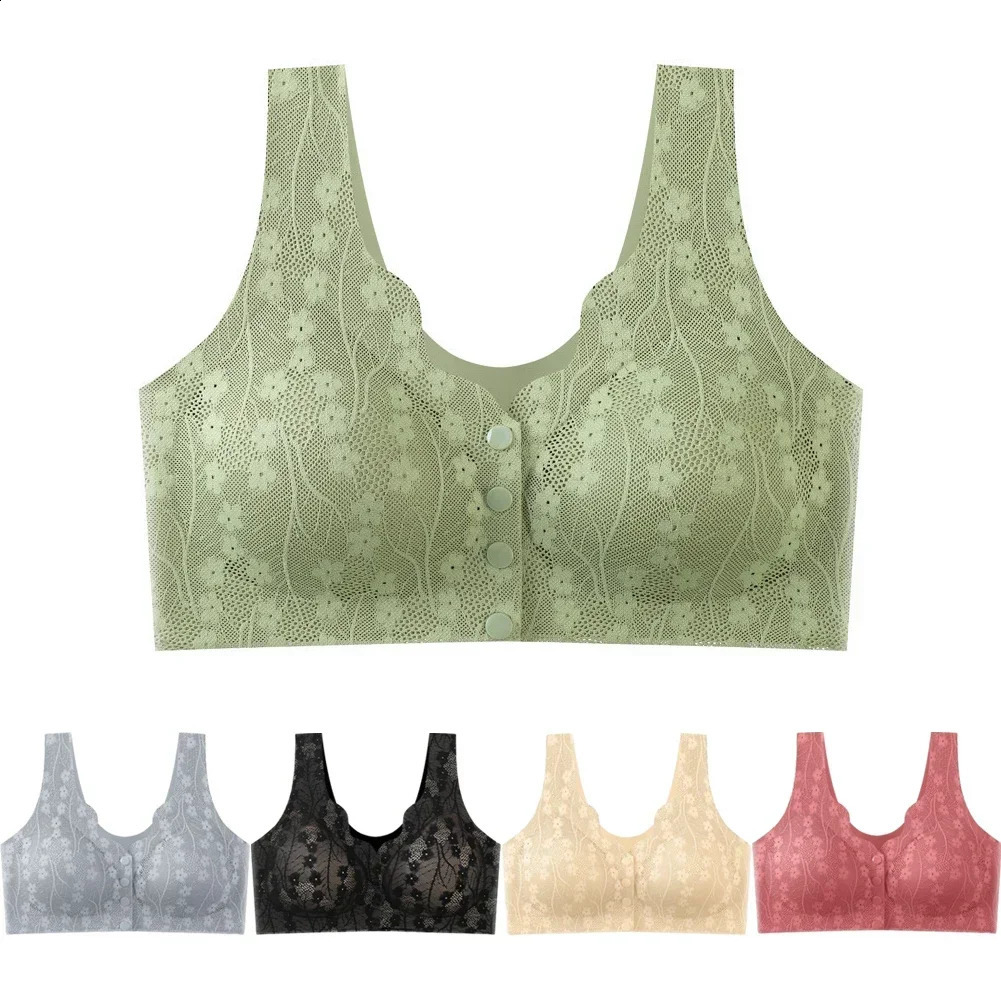 Middle aged and elderly mothers front button bra lace seamless breathable no steel ring ice silk sexy party 250122