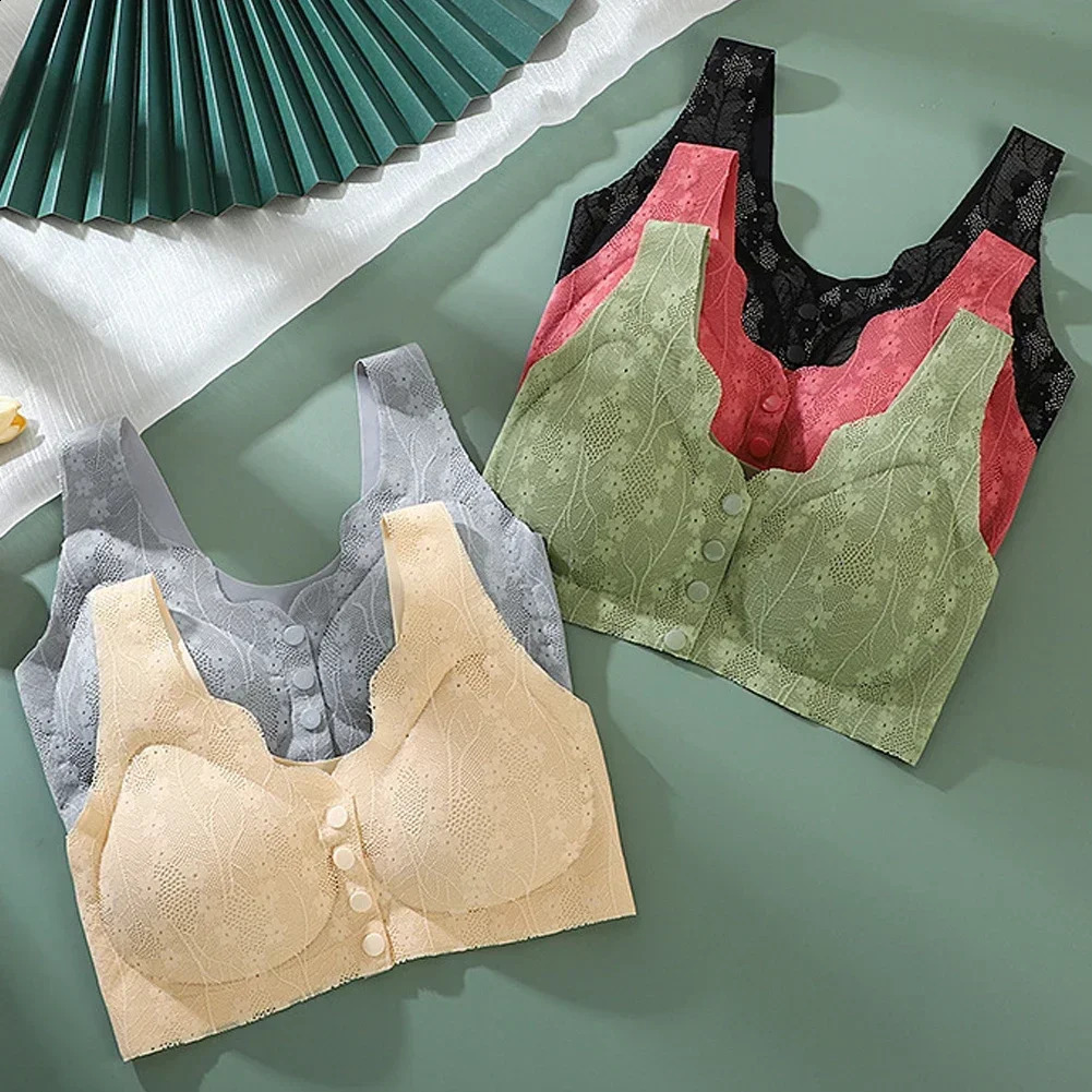 Middle aged and elderly mothers front button bra lace seamless breathable no steel ring ice silk sexy party 250122