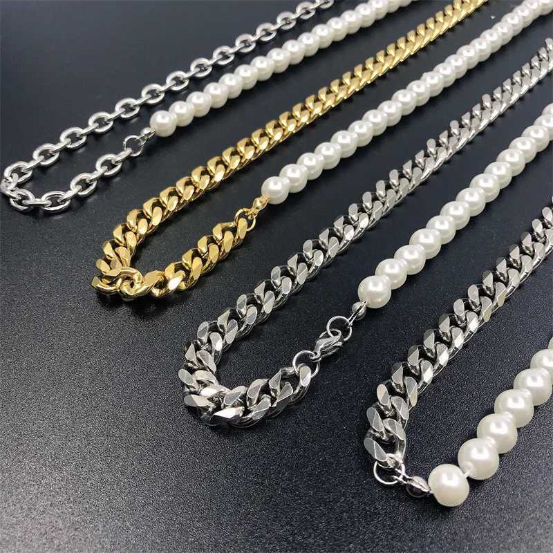 Hip Hop Half Pearl Half Cuban Chain Necklace for Men Women Collar Choker Punk Chokers 316L Stainless Steel Jewelry AccessoriesXJ250121
