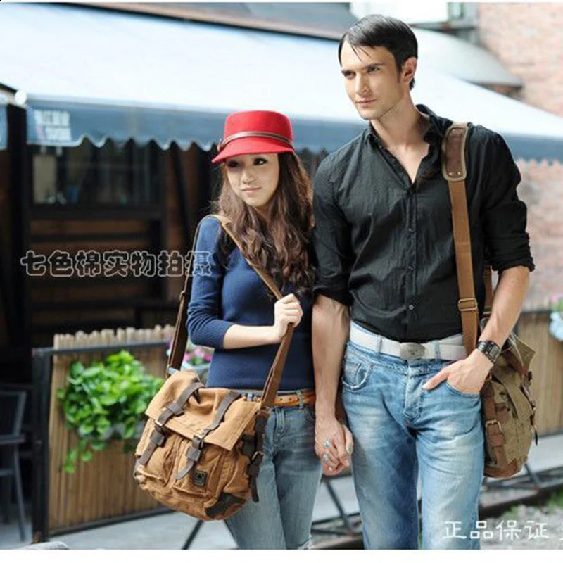 Fashion Vintage Leather Canvas Mens Messenger Bag Cotton Multi-pocket Crossbody Bag Men Shoulder Bag Sling Casual Bag 250207