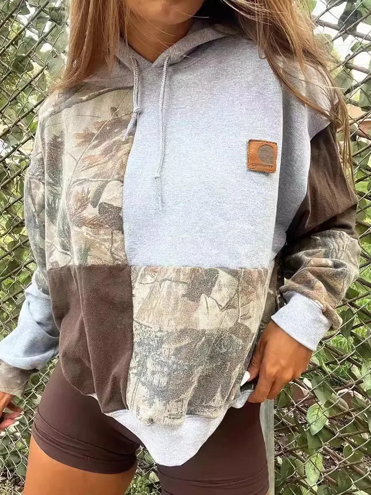 Fashion Pattern Patchwork Loose Hooded 2024 Womens Casual Long Sleeves Hoodie Tops Elegant Drawstring Streetwear Pullover 250121
