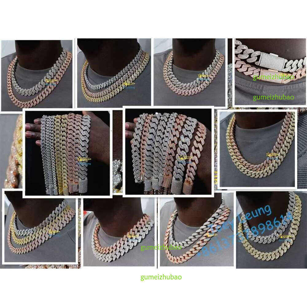 Necklace Moissanite hip hop jewelry Sier 10MM 12MM 13MM iced cuban necklace ring moissanite chain Free Shipping