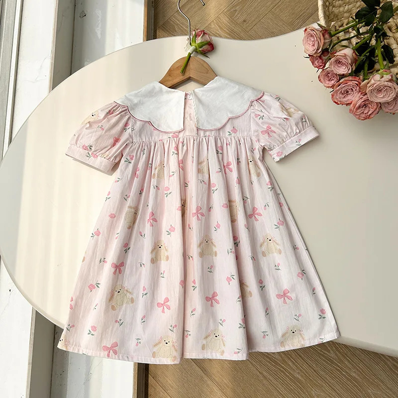 Girls Dress Childrens Clothing Bow Embroidered Flower Collar Girls Dress Summer Cartoon Printed Short Sleeved Princess Dress 250120