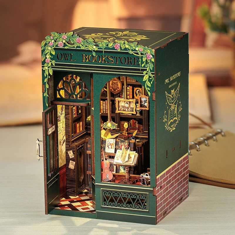 CUTEBEE DIY Book Nook Bookshop Kit Miniature Wooden Dollhouse with Light Bookshelf Insert 3D Puzzle Decor for Gift Owl Bookstore W250117