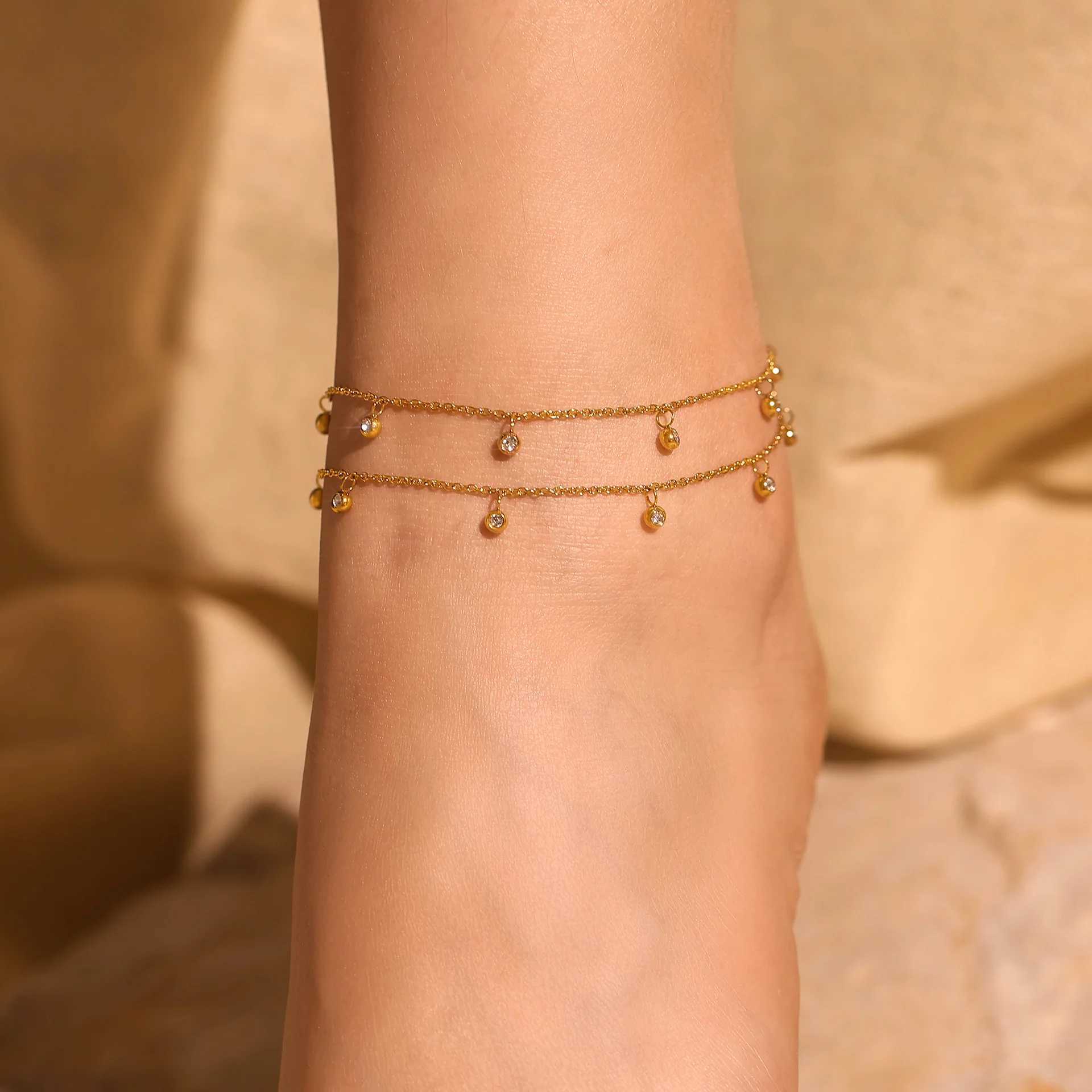 Round Zircon Anklet Stainl Steel Waterproof Foot Chain Gold Plated Beach Leg Ornament Sandals Jewelry GiftXJ250121