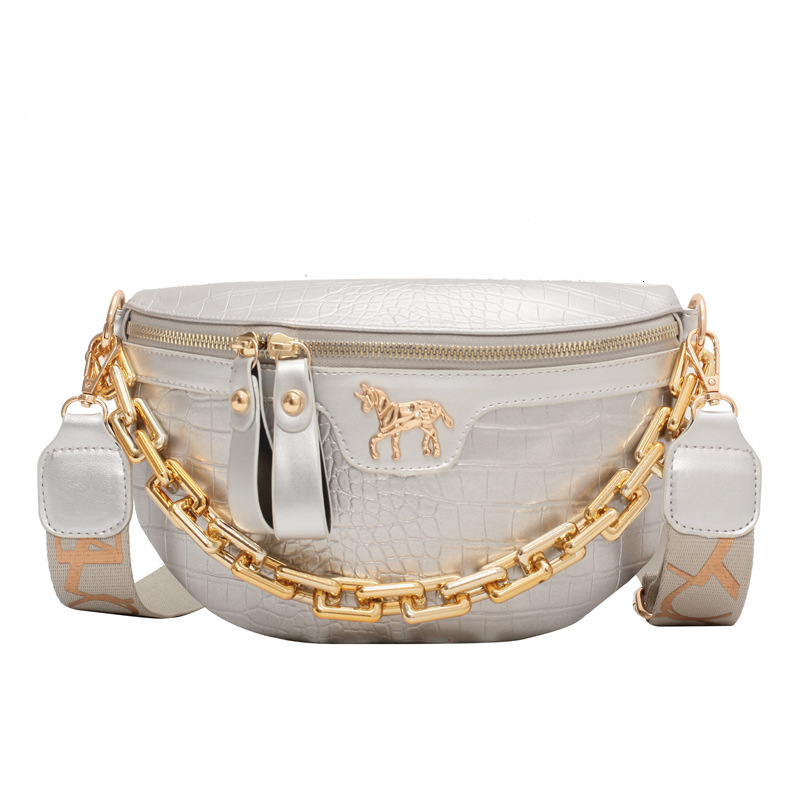 2025 New Breast Women's Fashion Crocodile Pattern Shoulder Chain Small Waist Broadband Crossbody Saddle Bag