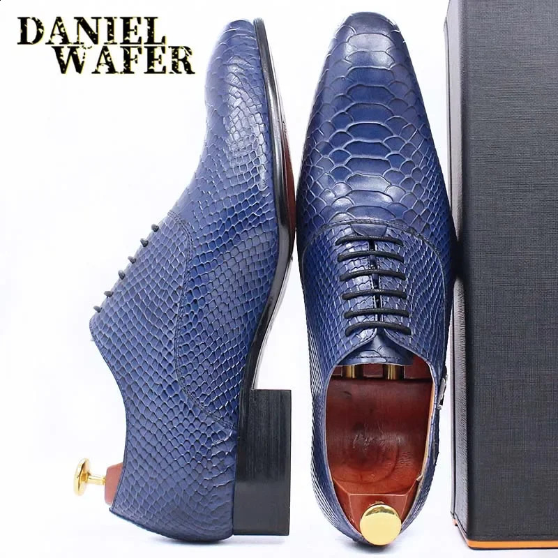 Mens Fashion Dress Leather Shoes Snake Skin Print Classic Lace-Up Oxford Formal in Wine Blue Coffee Black - Pointed Toe 250120