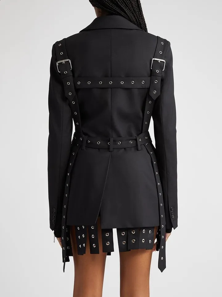 TWOTWINSTYLE Solid Patchwork Belts Blazers For Women Notched Collar Long Sleeve Single Breasted Chic Blazer Female 250106