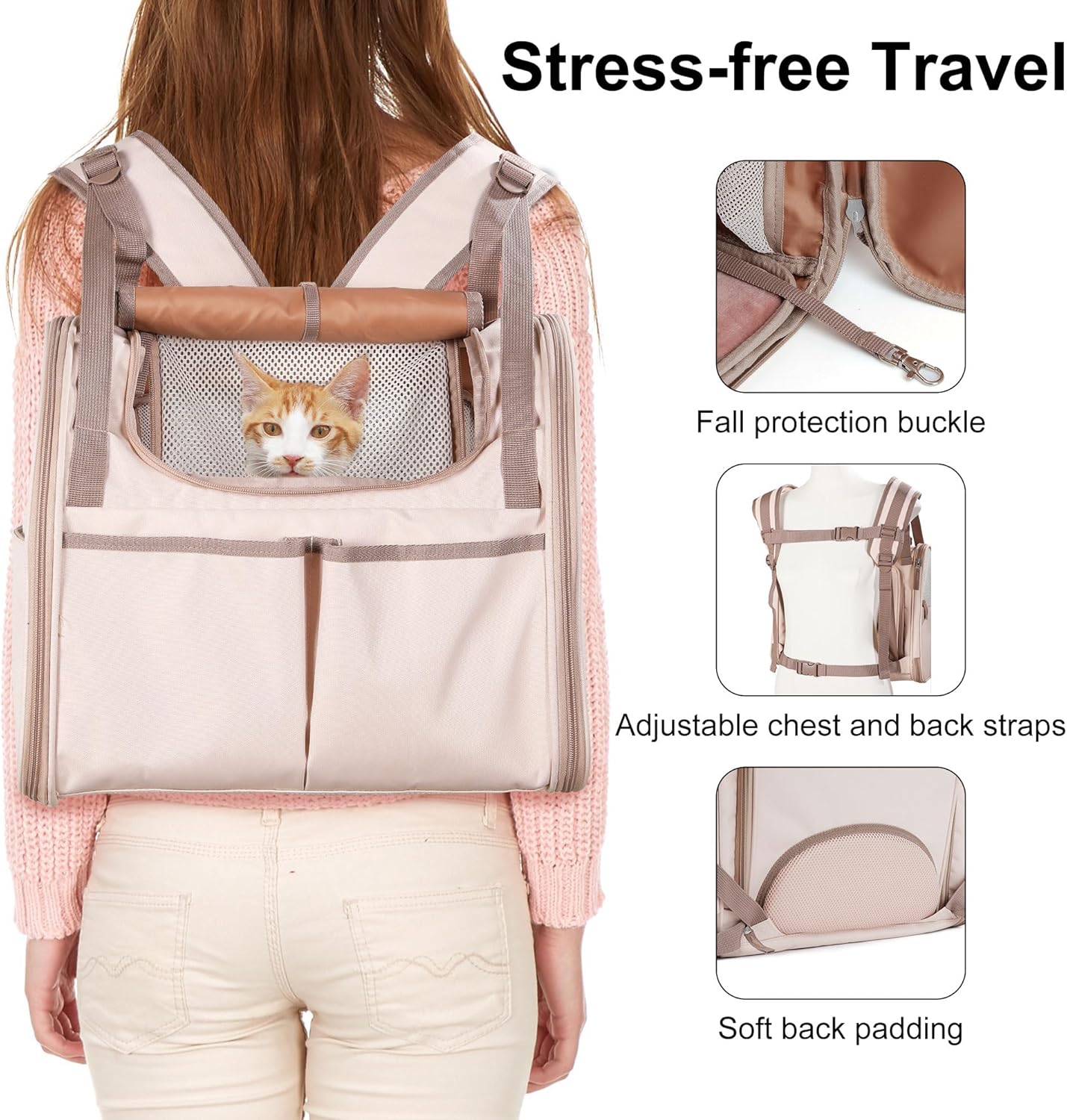 Cat Backpack, expandable small pet carrier,4 pockets, small animal hiking carry bag, airline approved cat carry bag with rolled-up lid for nervous cat