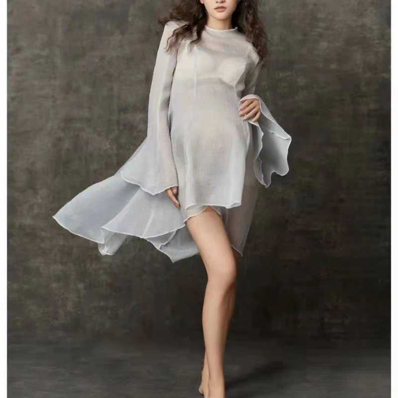 White chiffon summer maternity photography prop short skirt flash sleeves taking short skirts through pregnancy photos W250113 - view 4