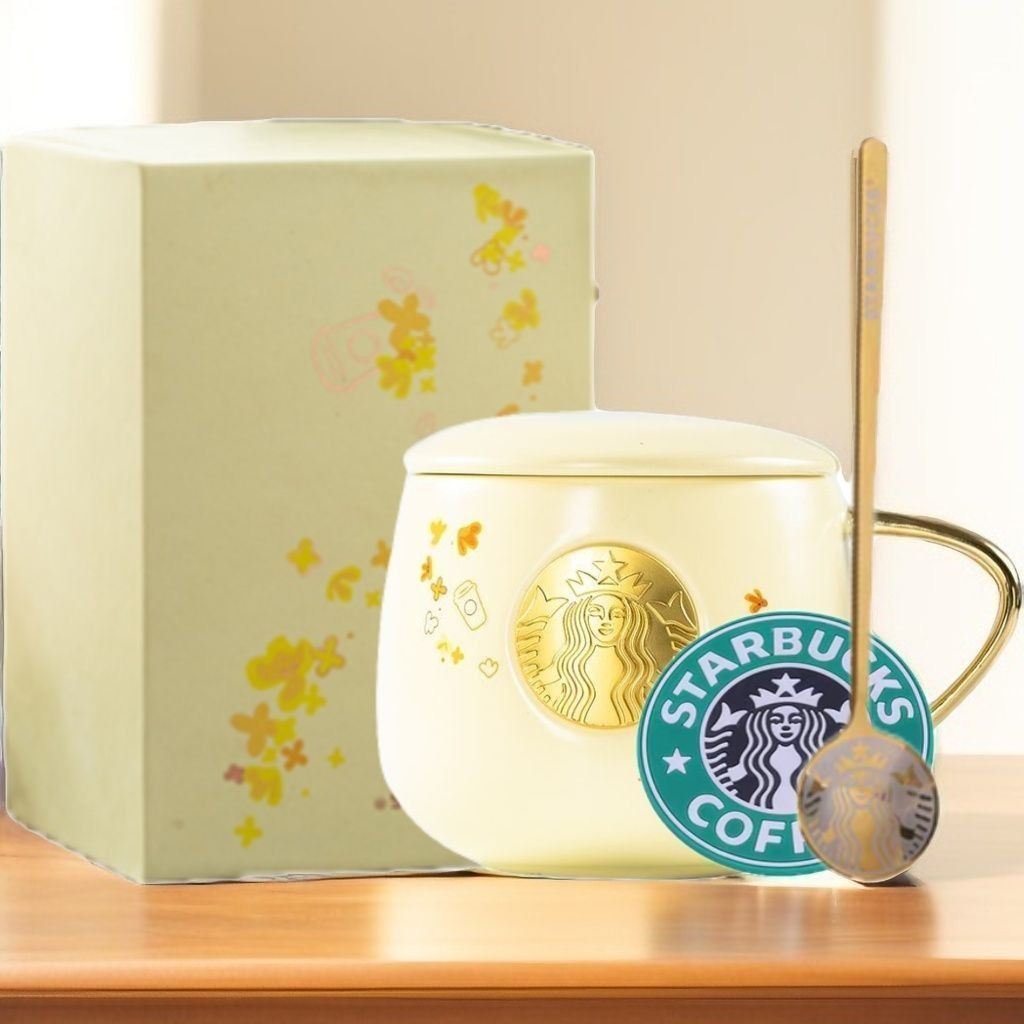 Starbucks 9.5oz Premium Ceramic Mug Cup with Gold Handle Lid Spoon Perfect Gift