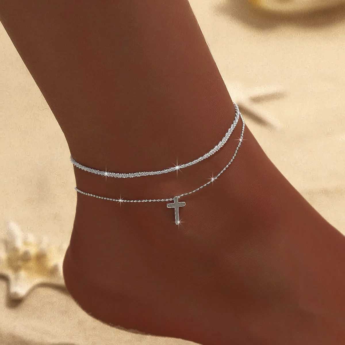 Fashionable Alloy Double Layer Versatile Cross Beach Pendant Anklet Elegant Light Luxury Sparkling JewelryXJ250121