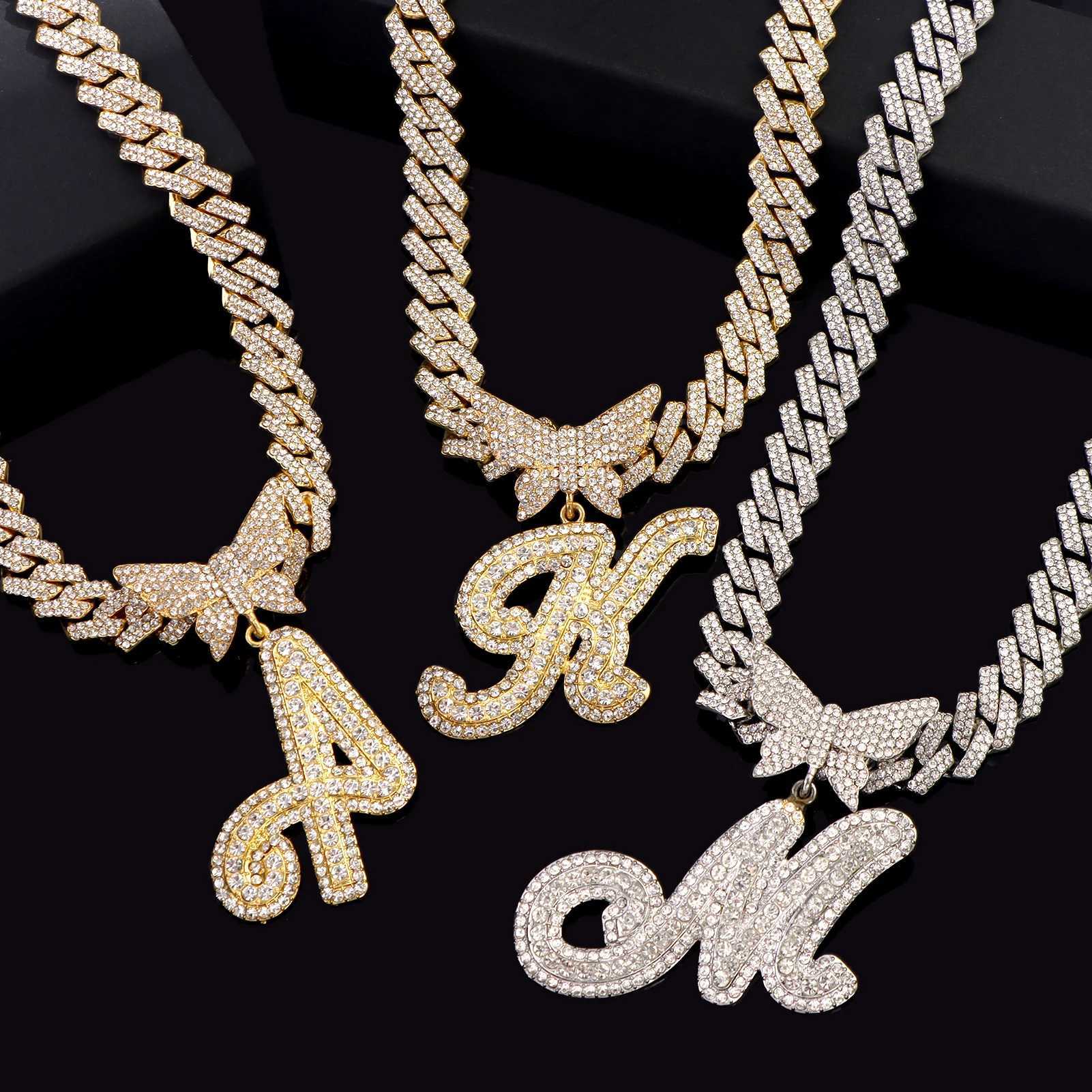Bling Iced Out Butterfly Letter Cuban Link Chain Necklace for Women Gold Silve Color Miami Hip Hop Necklace Name Initial JewelryXJ250121