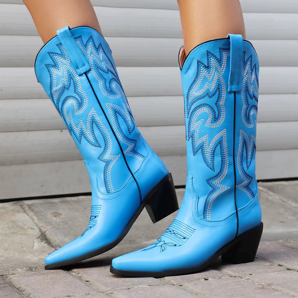 Pink Cowboy Cowgirl Woman Boots For Women 2023 Retro Western Embroidered Pointed Toe Heeled Mid Calutumn Trendy Boot Shoes