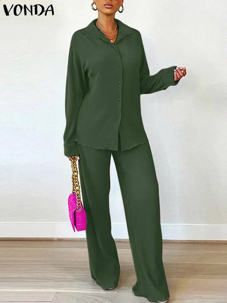 VONDA Plus size 5XL womens set 2024 European style matching casual collar twopiece elegant top and wide leg pants 250122