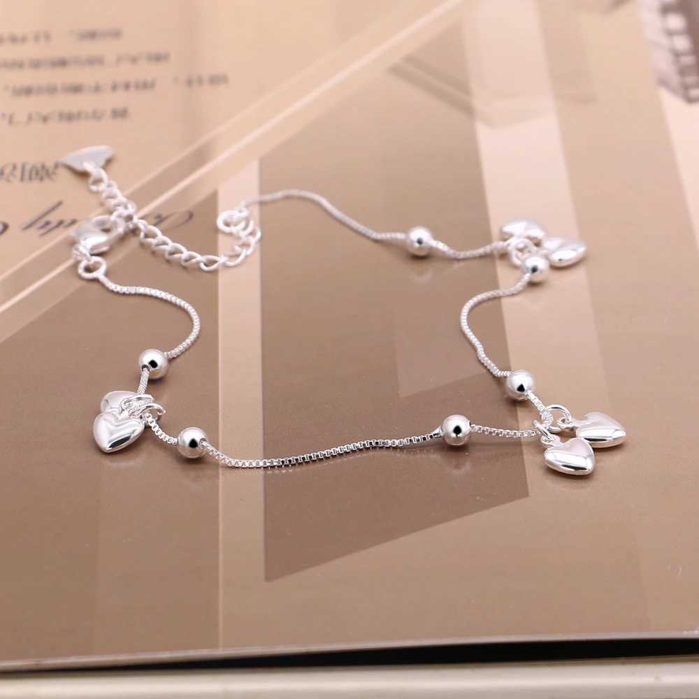 100% 925 Sterling Silver Heart Ankle Pendant Beaded Foot Jewelry Summer Beach On Foot Ankle Bracelets For Women Leg ChainXJ250121