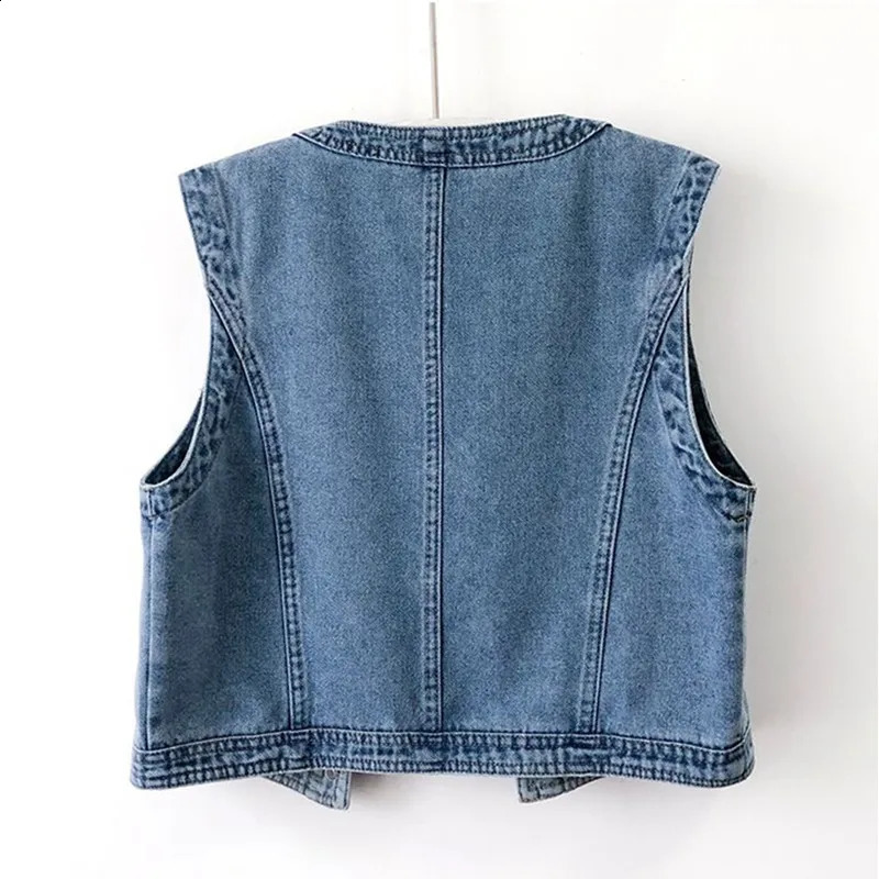 Vintage Blue Denim Vest Women Spring Summer Short Casual O Neck Big Pocket Cowboy Waistcoat Sleeveless Jeans Jacket Female 250122