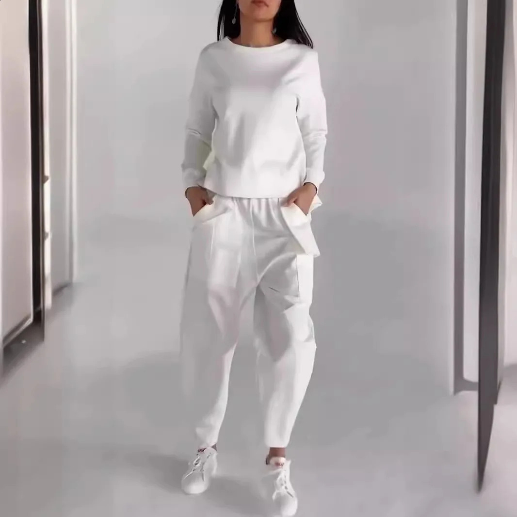 Lace fashion multi-pocket trend sports solid color casual pants suit autumn womens wear250120