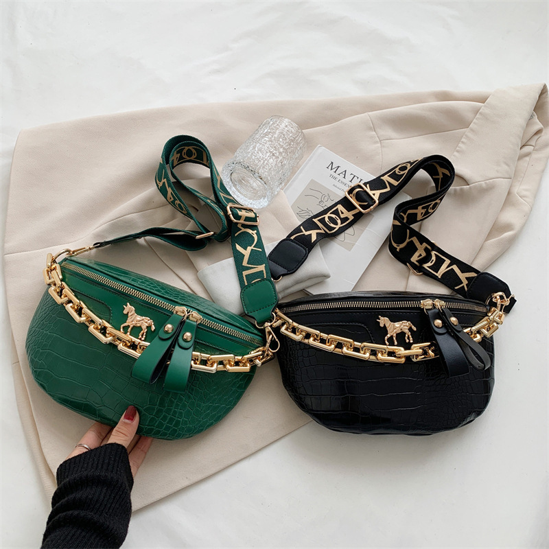 2025 New Breast Women's Fashion Crocodile Pattern Shoulder Chain Small Waist Broadband Crossbody Saddle Bag