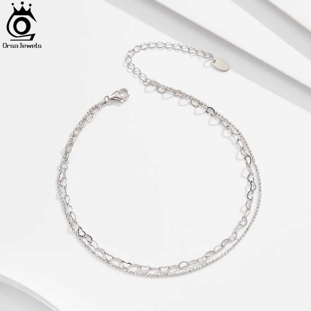 ORSA JEWELS 14K Gold Double Layer Chain Anklet Adjustable Summer 925 Silver Bead Ball Chain Anklets for Wen Jewelry SA66 X250125