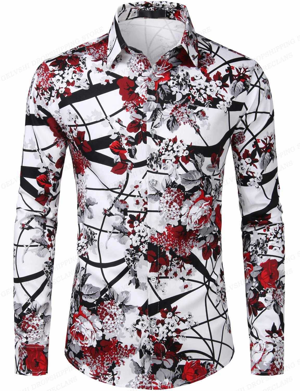 Red Rose Hawaiian Shirts Floral Print Shirts Men Fashion Shirt Long Sleeve Beach Blouse White Blouse Mens Clothing VocationXJ250121
