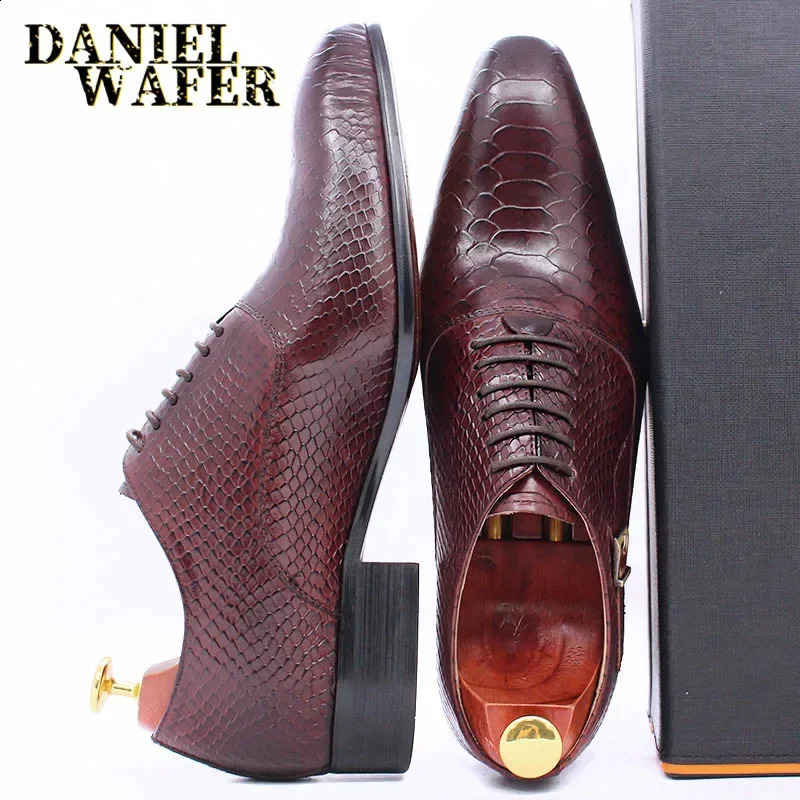 Mens Fashion Dress Leather Shoes Snake Skin Print Classic Lace-Up Oxford Formal in Wine Blue Coffee Black - Pointed Toe 250120
