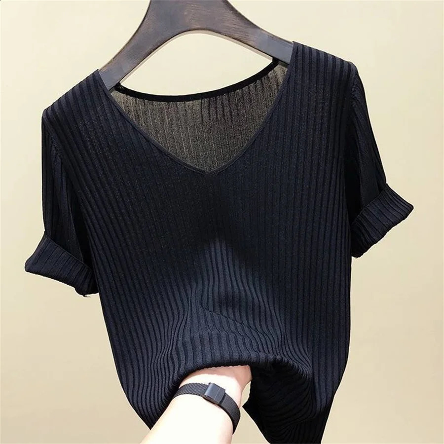 spring 2024 Summer Blouse Womens Blouses Fashion Short Sleeve VNeck Knitted Shirt Tops 250122