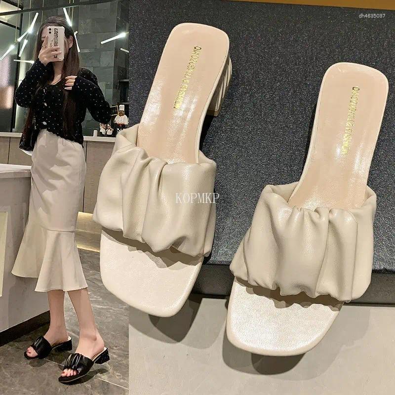 Sandals Summer Fashion High Heel Shoes Mules Women Square Head Slip On Flip ps Slipper 3.5CM Sandal Women's Shoe Solid Slide hurenlakeshoes