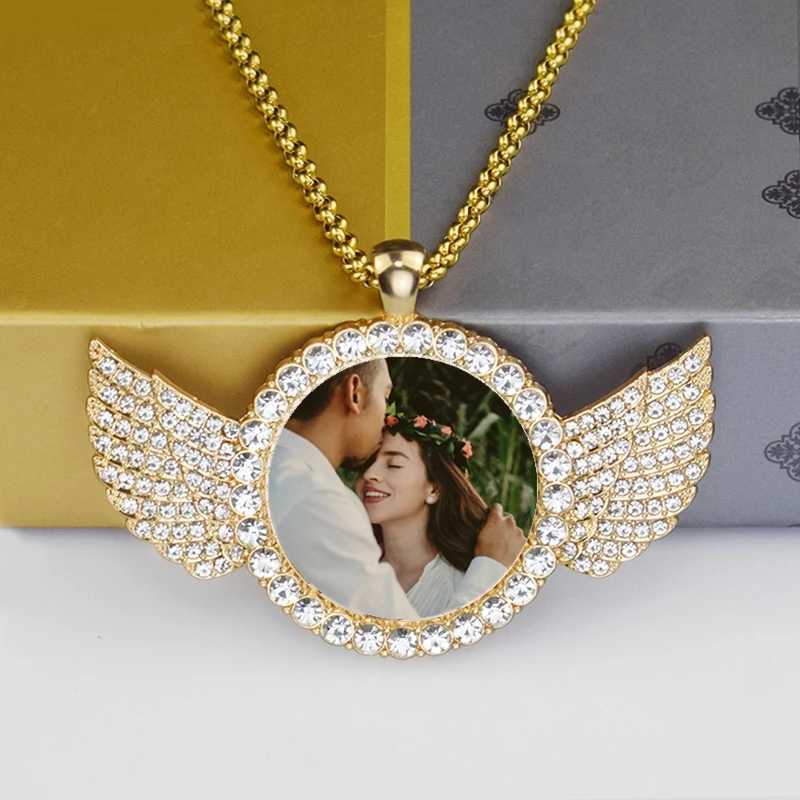 Custom Couple Photo Angel Wings Pendant with Long Chain Rhinestone Necklace Personalized Glass Dome Image Valentines Day GiftXJ250121