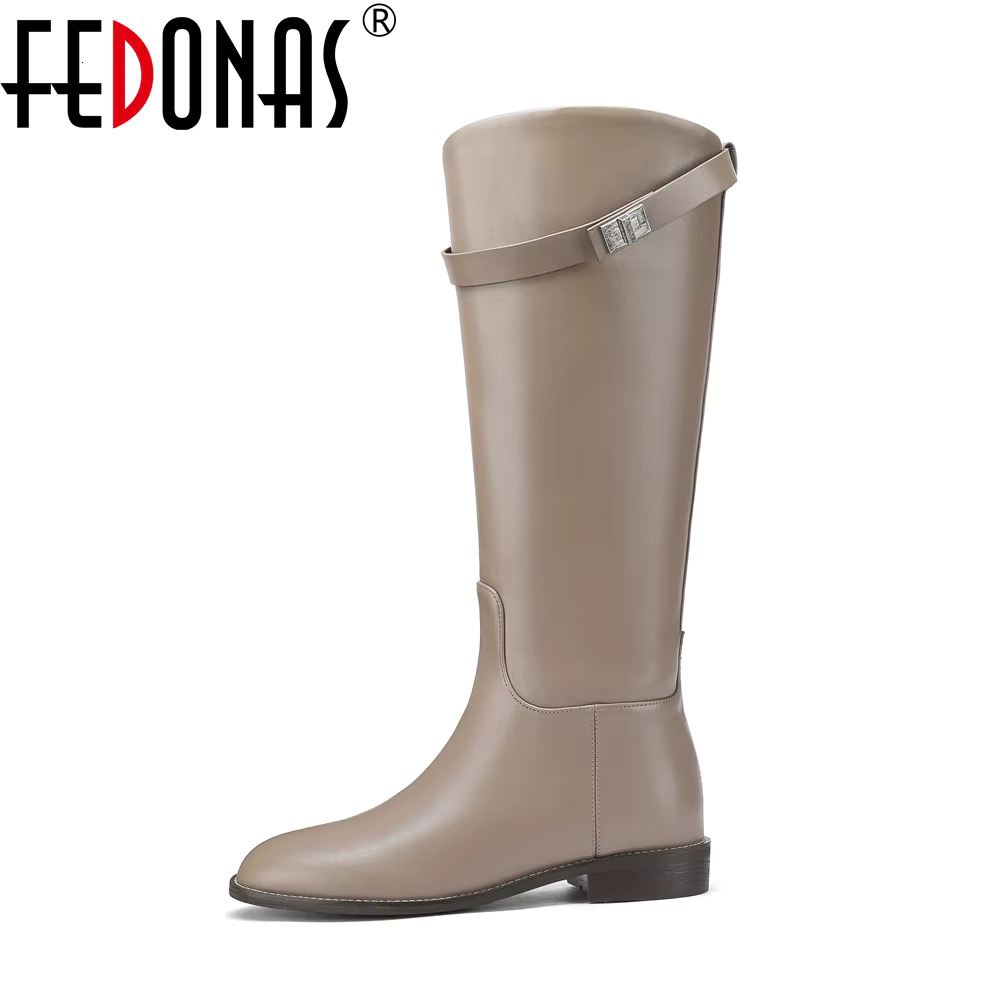 FEDONAS Ins Fashion Women Knee Genuine Leather Thick Heels Long Motorcycle Female High Warm Knight Boots