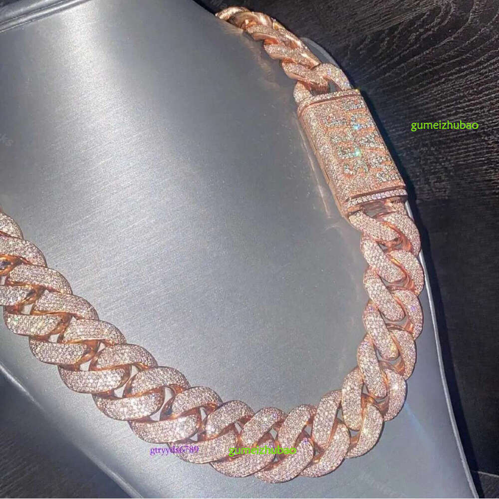 Sier Necklace Rose Gold 24mm Vvs Moissanite Heavy Duty Miami Cuban Chain Hip Hop Street Punk Men Women Jewelry