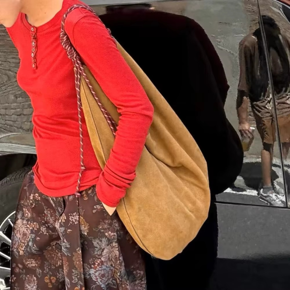 Half Moon Hobo Tote Bags for Faux Suede Shoulder Bag Rope Handle Women Designer Handbags 2025 New Large Shopper