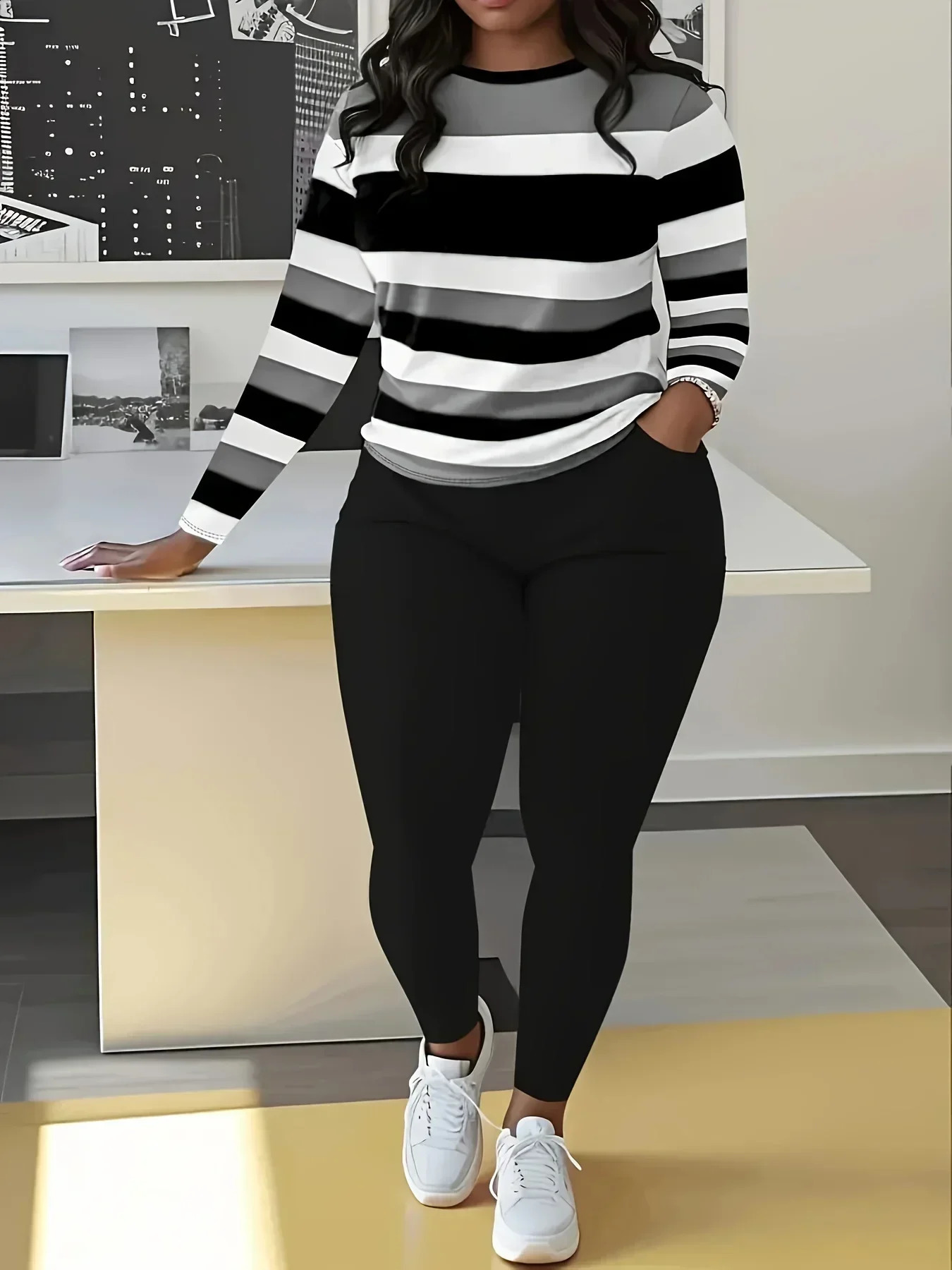 Plus Size Two Piece Sets Colorblock Casual ONeck Long Sleeve Top and Pants Set Womens Clothing Matching y250122