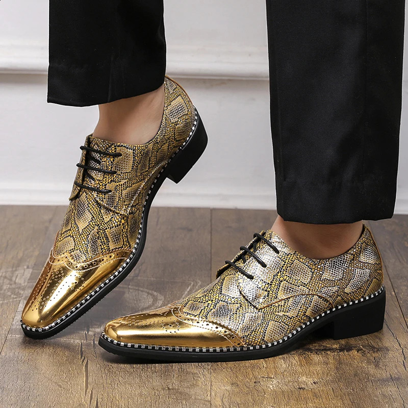 Mens Gold Silver Snakeskin Patent Leather Casual Brogues Shoes Formal Wedding Dress Homecoming Footwear Zapatos Hombre 250113