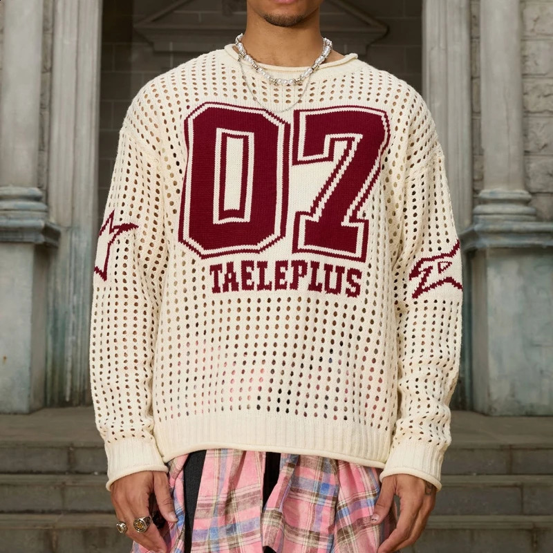 Y2K Retro Sweater Openwork Jersey Knit Digital Jacquard Pattern Streetwear Harajuku Vintage Classic Sportswear Unisex Pullover 250122