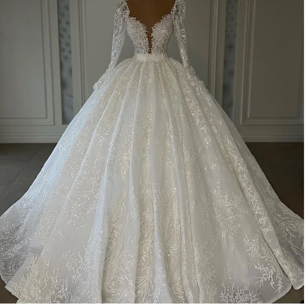 Sparkly Sequins Wedding Dresses Bridal Gown Beaded Applique Scoop Neck Long Sleeves Floor Length Plus Size Custom Made Garden Beach Vestido De Novia