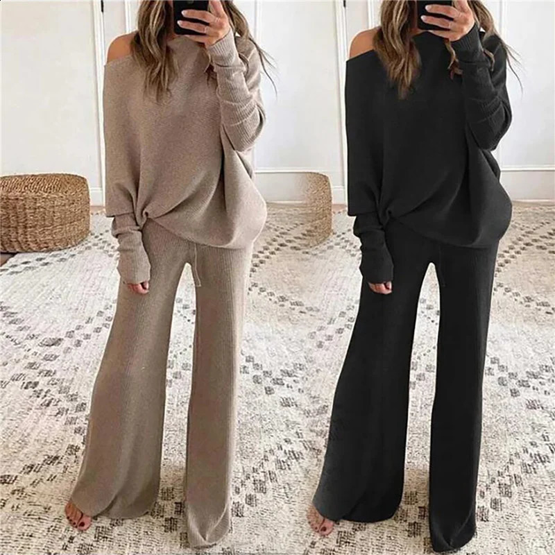 2pcs Autumn Winter Pant Suit Outfits Knitted Pullover off shoulder Top Wide Leg Pants Twopiece Set Women Tracksuits 250114Z