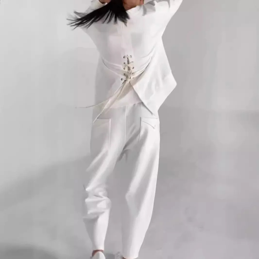 Lace fashion multi-pocket trend sports solid color casual pants suit autumn womens wear250120