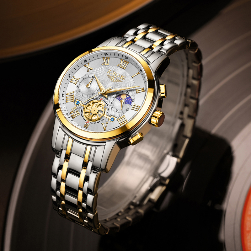 LIGE Fashion Men's Quartz Watch Night Light Moon Phase Multi functional Waterproof Business Watch