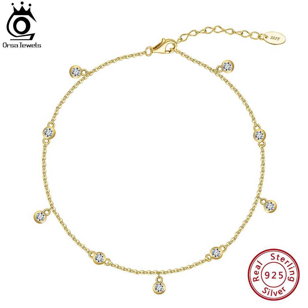 ORSA JEWELS 14K Gold 925 Sterling Silver Brilliant Zircon Stone Anklet for Wen Adjustable Summer Foot Chains Jewelry SA70 X250125
