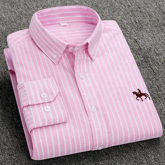 Casual Pure Cotton Oxford Mens Shirts Long Sleeve Embroidery Horse Design Regular Fit Fashion Button Man White Dress ShirtXJ250121
