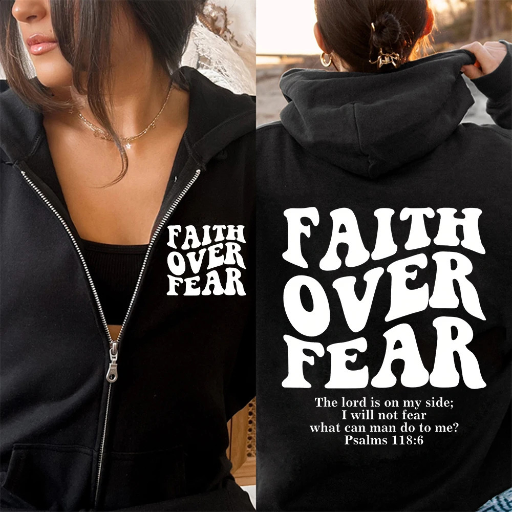 Faith Over Fear Christian Women Zip Hoodie Sweatshirt Jesus Trendy Bible Verse Aesthetic Jacket Coat 250121